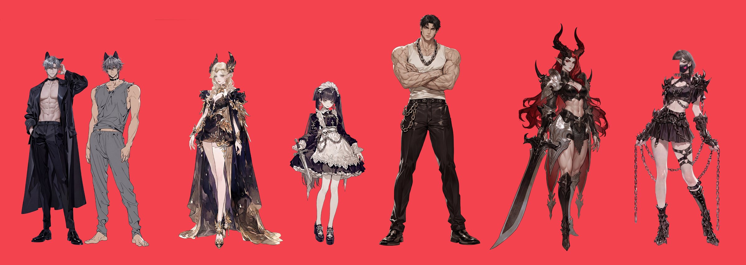 Ensemble character lineup for a serialized webtoon adaptation, stylized 2D